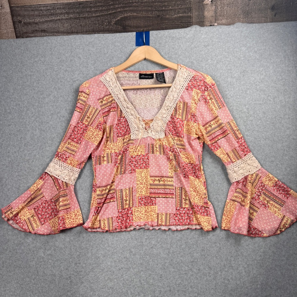 Vintage Patchwork Top Womens Large Pink Crochet Y2K Bell Sleeve Boho Lace Up